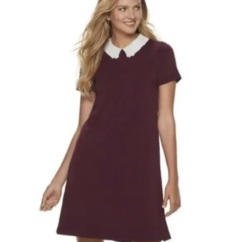 Elle Burgundy White Collar‎ Preppy Stretch Short Sleeve Dress XXL Office